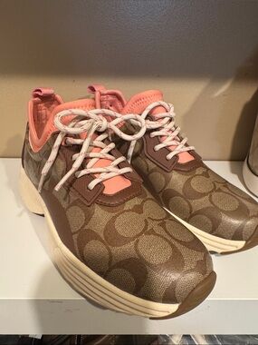 Coach Brown Signature Logo Sneakers with Pink Accents